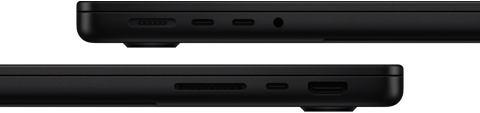 Showing the ports on MacBook Pro — left side: MagSafe 3, two Thunderbolt ports, and headphone jack — right side: SDXC card slot, one Thunderbolt port, and HDMI