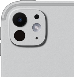 iPad Pro, back exterior, silver color, pro camera system with five-element lens and adaptive true tone flash