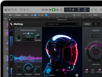 Screen content demonstrating MicDrop software using AI features to edit a vocal recording on a MacBook Pro