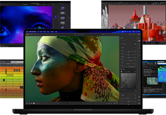 A variety of colorful screen content from music production, video editing, 3D animation, and photo editing apps on Mac, demonstrating powerful graphics performance