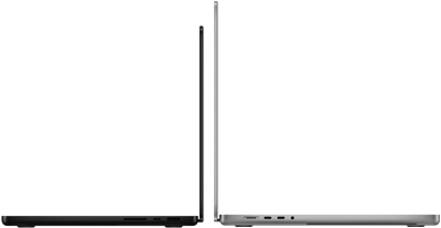 14" und 16" MacBook Pro Geräte stehen mit den Rückseiten zueinander, um den Grössenunterschied und das schmale Profil zu verdeutlichen