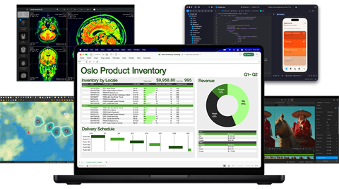 Verschiedene arbeitsbezogene Dokumente aus Excel, Safari, Datenanalysen und Bildbearbeitungsapps auf einem Mac, die die unglaubliche Grafikperformance demonstrieren.