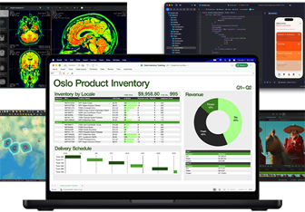 Verschiedene arbeitsbezogene Dokumente aus Excel, Safari, Datenanalysen und Bildbearbeitungsapps auf einem Mac, die die unglaubliche Grafikperformance demonstrieren.