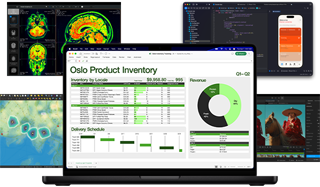 Verschiedene arbeitsbezogene Dokumente aus Excel, Safari, Datenanalysen und Bildbearbeitungsapps auf einem Mac, die die unglaubliche Grafikperformance demonstrieren.