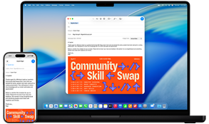 iPhone 16 und 14 Zoll MacBook Pro – eine E-Mail, die gerade verfasst wird, wird auf dem iPhone und auch auf dem MacBook Pro Display angezeigt.