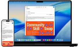 iPhone 16 und 14 Zoll MacBook Pro – eine E-Mail, die gerade verfasst wird, wird auf dem iPhone und auch auf dem MacBook Pro Display angezeigt.