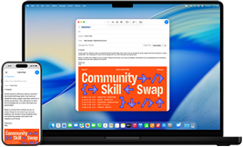 iPhone 16 und 14 Zoll MacBook Pro – eine E-Mail, die gerade verfasst wird, wird auf dem iPhone und auch auf dem MacBook Pro Display angezeigt.