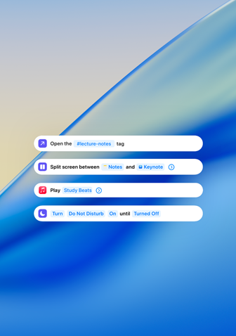 Arbeitsmitteilungen zeigen Vorlesungsnotizen, Optionen für einen geteilten Bildschirm, Apple Music und „Bitte nicht stören” auf einem blauen, undurchsichtigen Wellenhintergrund