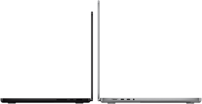 14" und 16" MacBook Pro Geräte stehen mit den Rückseiten zueinander, um den Grössenunterschied und das schmale Profil zu verdeutlichen