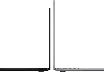 14" und 16" MacBook Pro Geräte stehen mit den Rückseiten zueinander, um den Grössenunterschied und das schmale Profil zu verdeutlichen