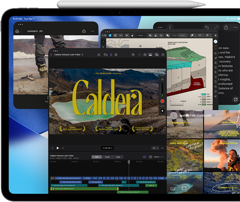 iPad Pro, Vorderansicht, Querformat, Farbe Space Schwarz, ein Apple Pencil haftet oben am Gerät, das Display zeigt mehrere App Fenster nebeneinander, darunter Final Cut Pro mit Videobearbeitungsfeatures und Timeline, Karten, Notizen und verschiedene Medienclips