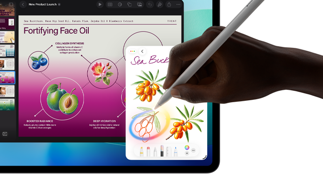 iPad Pro, Vorderseite, das Display zeigt einen Hintergrund mit dunkelblauem und grünem Farbverlauf und mehrere geöffnete Apps, eine Hand hält den Apple Pencil Pro und kreist eine Skizze ein, die das Apple Intelligence Feature „Bildkreation“ zeigt