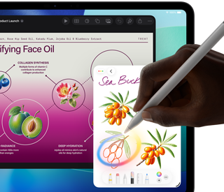 iPad Pro, Vorderseite, das Display zeigt einen Hintergrund mit dunkelblauem und grünem Farbverlauf und mehrere geöffnete Apps, eine Hand hält den Apple Pencil Pro und kreist eine Skizze ein, die das Apple Intelligence Feature „Bildkreation“ zeigt