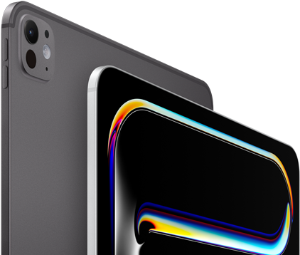 iPad Pro, Rückseite, Farbe Space Schwarz, Lautstärketasten und Pro Kamera-System, iPad Pro, Vorderseite, Farbe Silber, gerundete Ecken, schwarzer Displayrand, Display mit schwarzem Hintergrund und mehrfarbigen abstrakten Linienzeichnungen