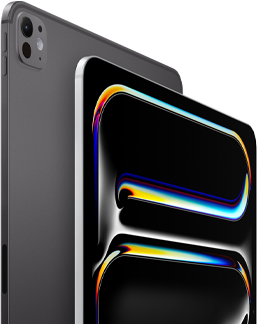 iPad Pro, Rückseite, Farbe Space Schwarz, Lautstärketasten und Pro Kamera-System, iPad Pro, Vorderseite, Farbe Silber, gerundete Ecken, schwarzer Displayrand, Display mit schwarzem Hintergrund und mehrfarbigen abstrakten Linienzeichnungen