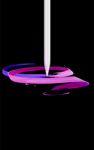 Apple Pencil Pro, Vorderseite, Hochformat, Seitenprofil, Farbe Weiss, abstrakte Zeichnung von violetten und rosafarbenen Bändern