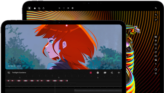 Ein 13" und ein 11" iPad Pro, Vorderansicht, Querformat, Farbe Space Schwarz, gerundete Ecken, schwarzer Displayrand, das 11" Display zeigt das brillante Bild einer Person mit roten Haaren, das 13" Display zeigt bunte Elemente der Bildbearbeitungsoberfläche