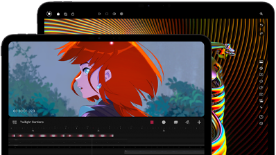 Ein 13" und ein 11" iPad Pro, Vorderansicht, Querformat, Farbe Space Schwarz, gerundete Ecken, schwarzer Displayrand, das 11" Display zeigt das brillante Bild einer Person mit roten Haaren, das 13" Display zeigt bunte Elemente der Bildbearbeitungsoberfläche
