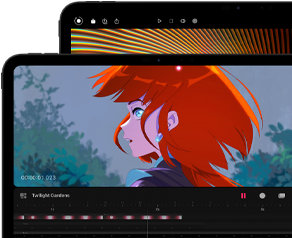 Ein 13" und ein 11" iPad Pro, Vorderansicht, Querformat, Farbe Space Schwarz, gerundete Ecken, schwarzer Displayrand, das 11" Display zeigt das brillante Bild einer Person mit roten Haaren, das 13" Display zeigt bunte Elemente der Bildbearbeitungsoberfläche