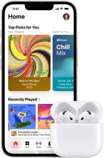 iPhone 17e, Vorderseite, Apple Music App mit geöffnetem Homescreen, neben AirPods Pro 3 im geöffneten MagSafe Ladecase