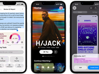 Plusieurs iPhone 17e côte à côte affichant des écrans différents : un jeu en cours d’utilisation, les Outils d’écriture, l’app Apple TV, la création d’un évènement de calendrier et d’un Genmoji