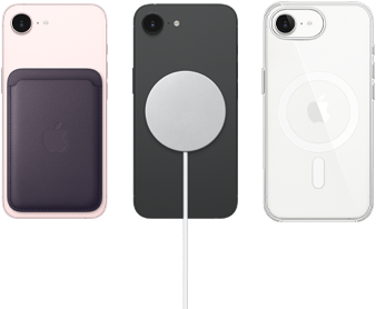 iPhone 17e rose pastel avec Porte-cartes en tissage fin violet nuit, iPhone 17e noir avec coque en silicone noire et chargeur MagSafe, iPhone 17e blanc muni d’une coque transparente avec MagSafe
