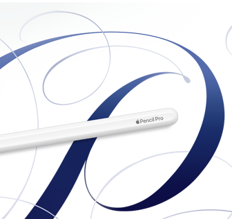 Apple Pencil Pro, white, shown on a white background with blue swirls