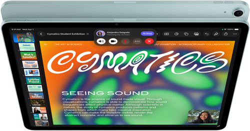 iPad Air, Blue color, top exterior, screen showing Keynote app on screen sharing feature during FaceTime video call, back exterior, 12MP Wide back camera, volume-up button, volume-down button