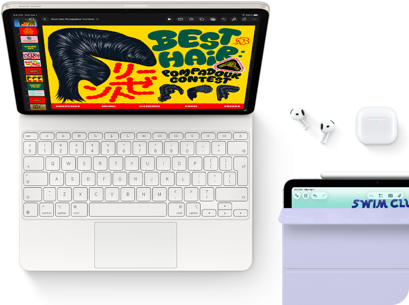 iPad Air, Starlight color, colorful graphics on screen, attached to Magic Keyboard, Airpods Pro and Apple Pencil Pro accessories