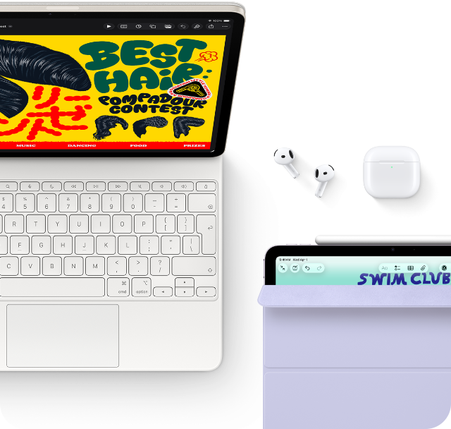 iPad Air, Starlight color, colorful graphics on screen, attached to Magic Keyboard, Airpods Pro and Apple Pencil Pro accessories