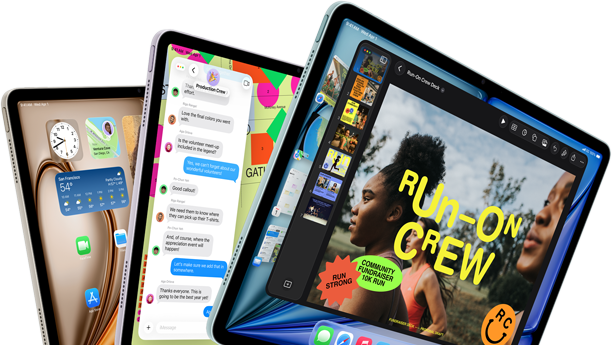 Three iPad Air displays in fan-like arrangement, colors: Blue, Purple, Starlight, front exterior, side exterior, apps on screen display include Keynote app, Messages, and Home Screen