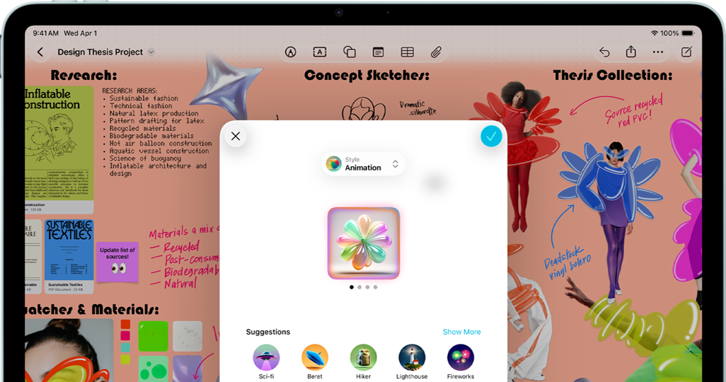 iPad Air, Vorderansicht, Querformat, Lautstärketasten, Ein‑/Aus­schalter, das Display zeigt eine farbenfrohe App Benutzeroberfläche mit verschiedenen Symbolen