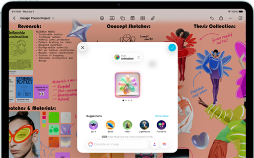 iPad Air, Vorderansicht, Querformat, Lautstärketasten, Ein‑/Aus­schalter, das Display zeigt eine farbenfrohe App Benutzeroberfläche mit verschiedenen Symbolen