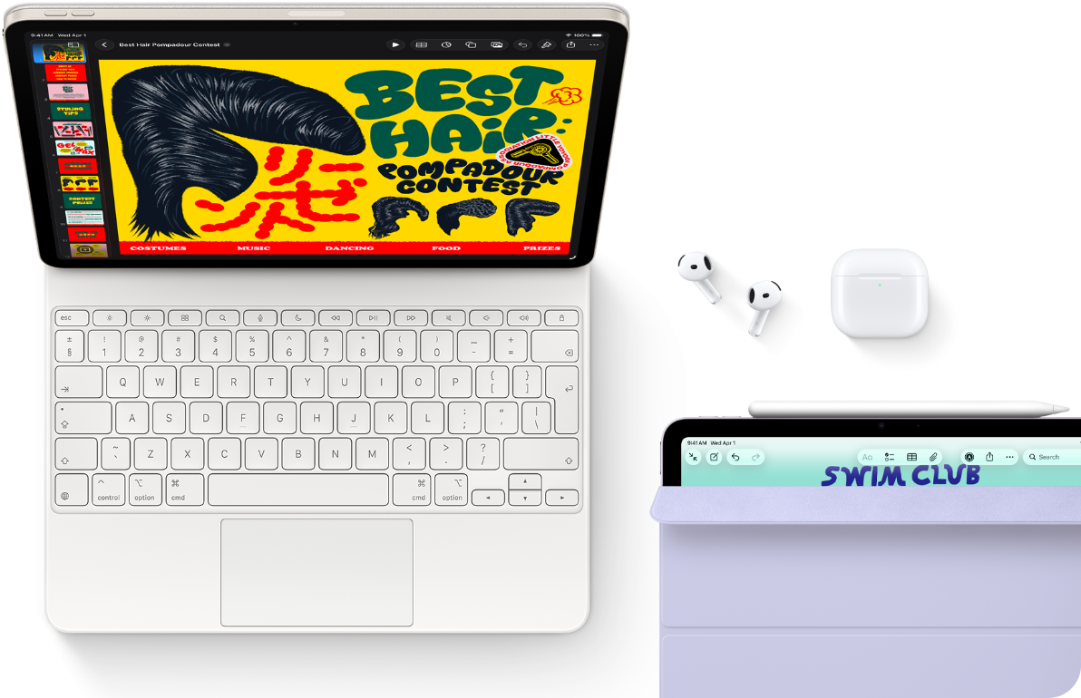 iPad Air, Farbe Polarstern, farbige Grafik auf dem Display, befestigt am Magic Keyboard, Airpods Pro und Apple Pencil Pro Zubehör