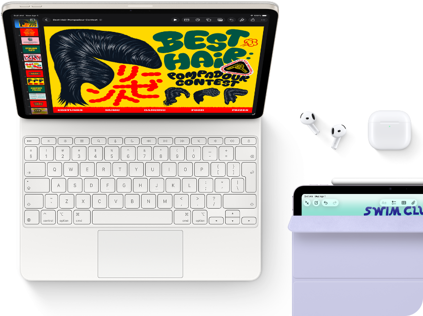 iPad Air, Farbe Polarstern, farbige Grafik auf dem Display, befestigt am Magic Keyboard, Airpods Pro und Apple Pencil Pro Zubehör