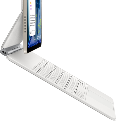 iPad Air, Farbe Polarstern, befestigt am Magic Keyboard, Weiß, Seitenansicht