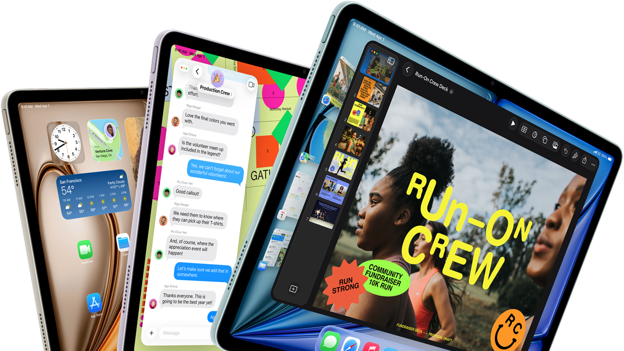 Drei iPad Air Displays in fächerähnlicher Anordnung, Farben: Blau, Violett, Polarstern, Vorderseite, Seitenansicht, die auf den Displays angezeigten Apps umfassen die Keynote App, Nachrichten und den Homescreen