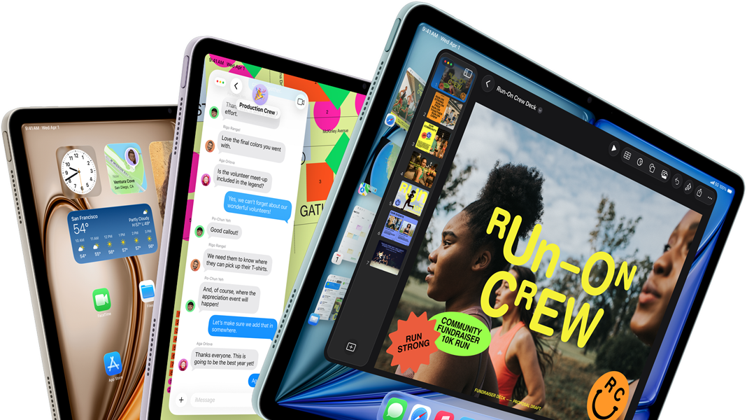 Drei iPad Air Displays in fächerähnlicher Anordnung, Farben: Blau, Violett, Polarstern, Vorderseite, Seitenansicht, die auf den Displays angezeigten Apps umfassen die Keynote App, Nachrichten und den Homescreen