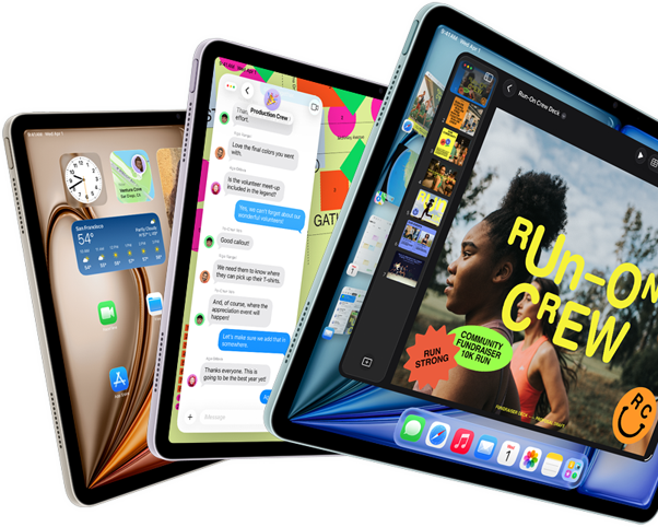 Drei iPad Air Displays in fächerähnlicher Anordnung, Farben: Blau, Violett, Polarstern, Vorderseite, Seitenansicht, die auf den Displays angezeigten Apps umfassen die Keynote App, Nachrichten und den Homescreen