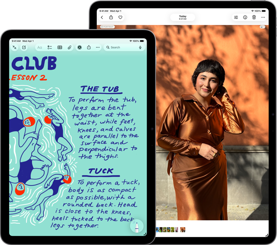 Zwei iPad Air Geräte, Größen: 11 Zoll und 13 Zoll, das 11 Zoll Modell zeigt farbigen Text in der Notizen App, das 13 Zoll Modell zeigt das Foto einer Person in der Fotos App