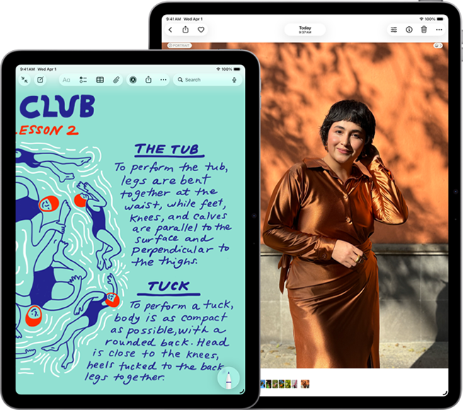 Zwei iPad Air Geräte, Größen: 11 Zoll und 13 Zoll, das 11 Zoll Modell zeigt farbigen Text in der Notizen App, das 13 Zoll Modell zeigt das Foto einer Person in der Fotos App