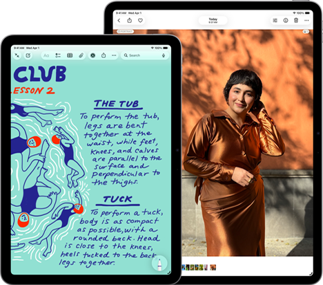 Zwei iPad Air Geräte, Größen: 11 Zoll und 13 Zoll, das 11 Zoll Modell zeigt farbigen Text in der Notizen App, das 13 Zoll Modell zeigt das Foto einer Person in der Fotos App