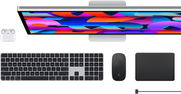 Mac accessories: Airpods, Studio Display, Magic Keyboard, Magic Mouse, Magic Trackpad, MagSafe charge cable in Space Black