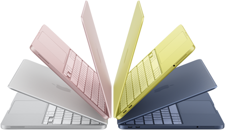 MacBook Neo Laptops in den Farben Silber, Rosa, Zitrus und Indigo, halb geöffnet und in einem Halbkreis angeordnet
