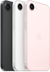 iPhone 17e, side and back exterior, black color, side and back exterior, white color, side and back exterior, soft pink color, Fusion camera at top, side button