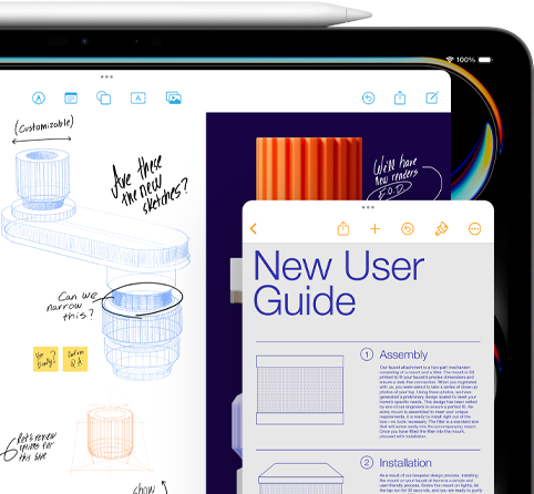 iPad screen with Freeform window shows sketches of mechanical product parts, while a smaller Notes window displays instructions, and an Apple pencil rests on top of iPad
