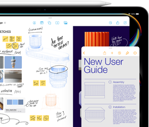 iPad screen with Freeform window shows sketches of mechanical product parts, while a smaller Notes window displays instructions, and an Apple pencil rests on top of iPad
