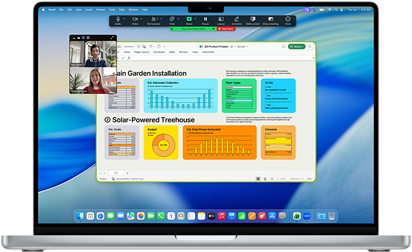 MacBook Pro 16-inch M4 screen shows a business Zoom call with one person screen sharing an Excel window that displays data and charts