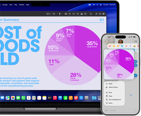 MacBook Pro 14-inch M5 and iPhone 17 Pro Max display the continuity of a Keynote pie chart presentation that is shared across devices