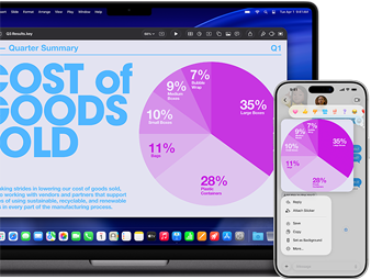 MacBook Pro 14-inch M5 and iPhone 17 Pro Max display the continuity of a Keynote pie chart presentation that is shared across devices